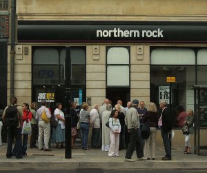 Customers outside a branch of Northern Rock in Brighton, September 2007
